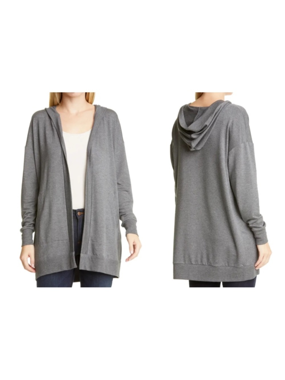 Elieen Fisher Sweater Cardigan Hooded Size R20 1X/2X Tencel Blend Gray Pockets
